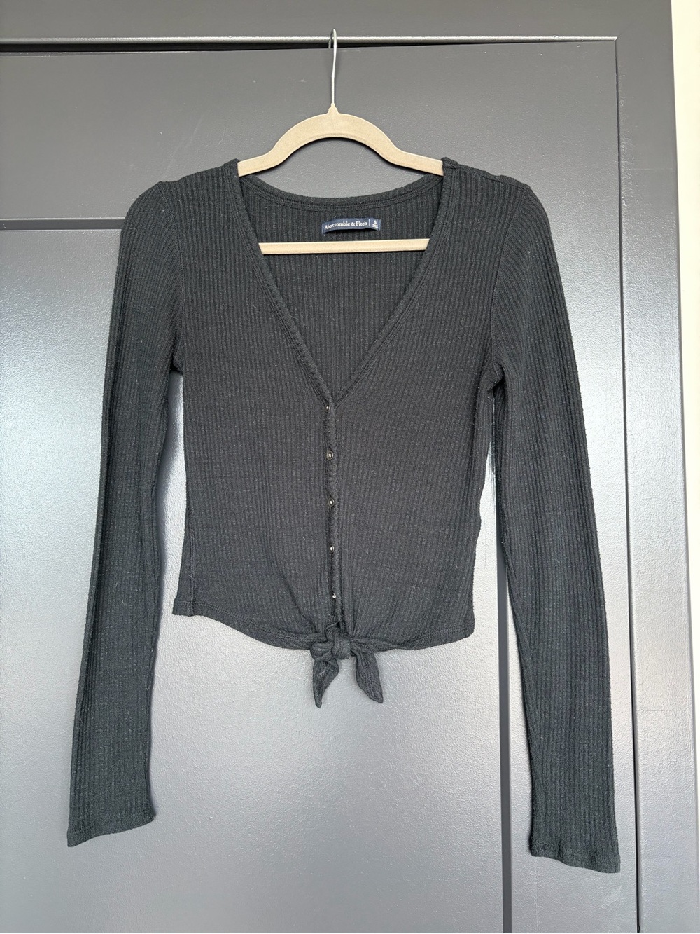 Abercrombie & Fitch Black Ribbed Tie-Front Button-Up Top